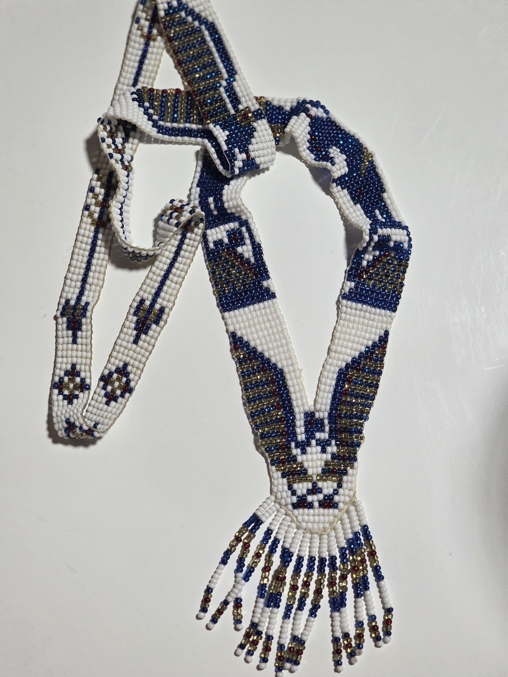 Hand-Beaded White and Blue Native American Ceremonial Necklace